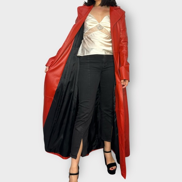 Vintage 1970’s Real Leather Full Length Red Open Coat - Picture 5 of 11